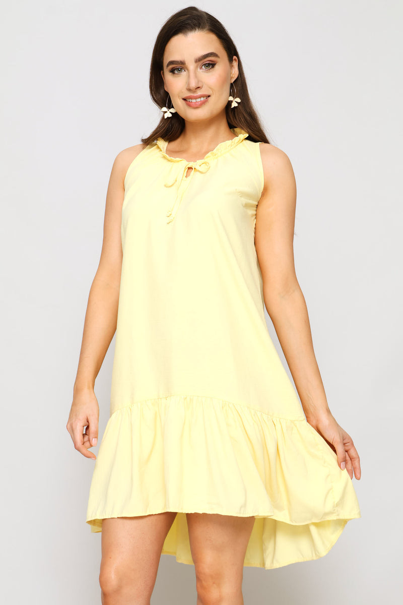 Frill Neck Frill Hem Mini Dress - Pastel Yellow