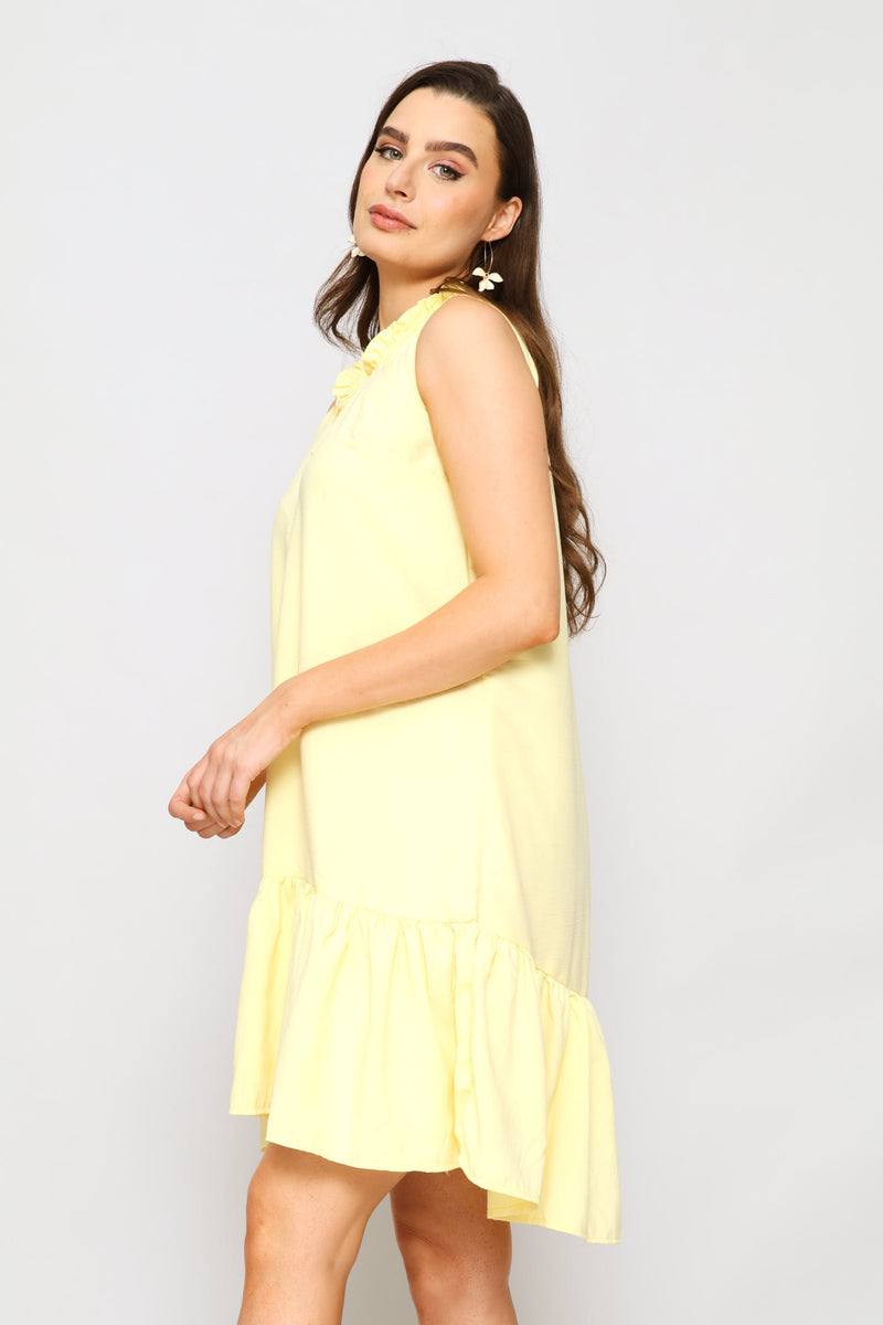 Frill Neck Frill Hem Mini Dress - Pastel Yellow