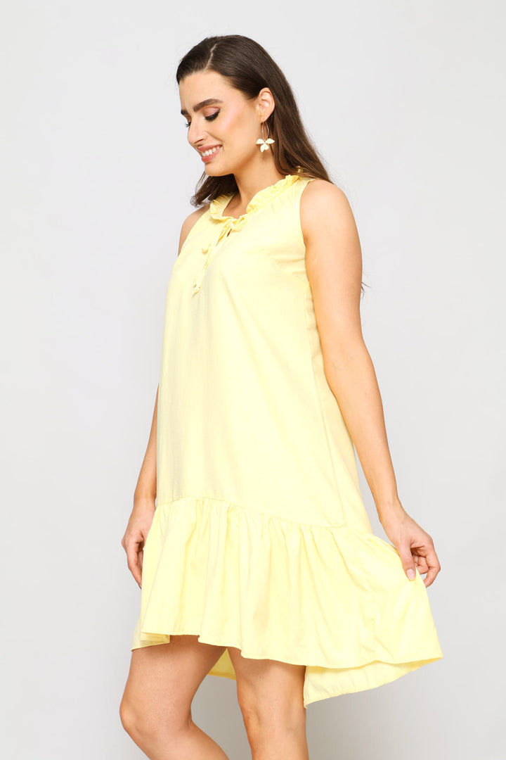 Frill Neck Frill Hem Mini Dress - Pastel Yellow