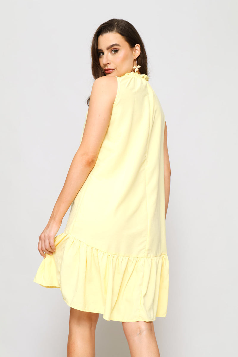 Frill Neck Frill Hem Mini Dress - Pastel Yellow