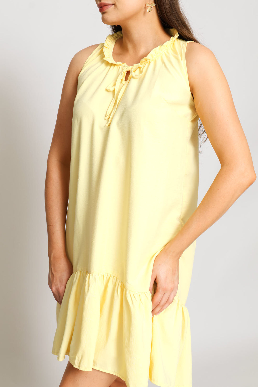 Frill Neck Frill Hem Mini Dress - Pastel Yellow