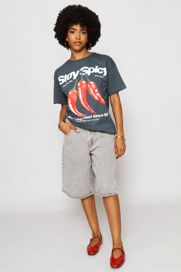 Stay Spicy Oversized Tee - Charcoal