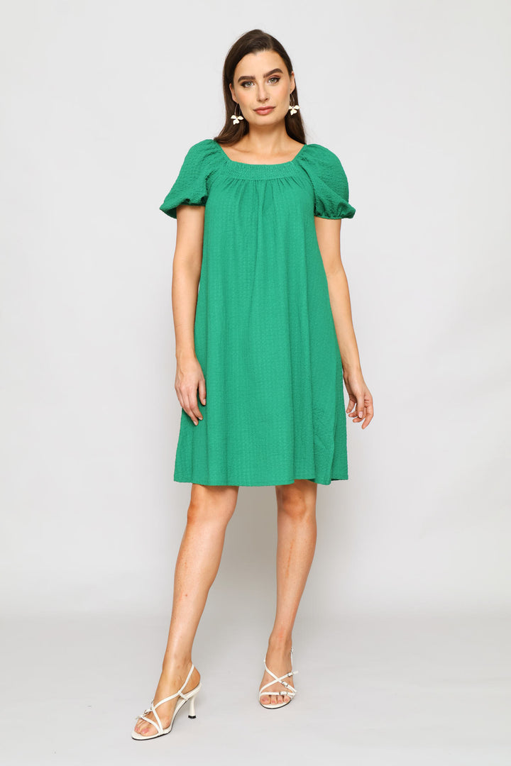 Puff Sleeve Textured Flare Mini Dress - Emerald