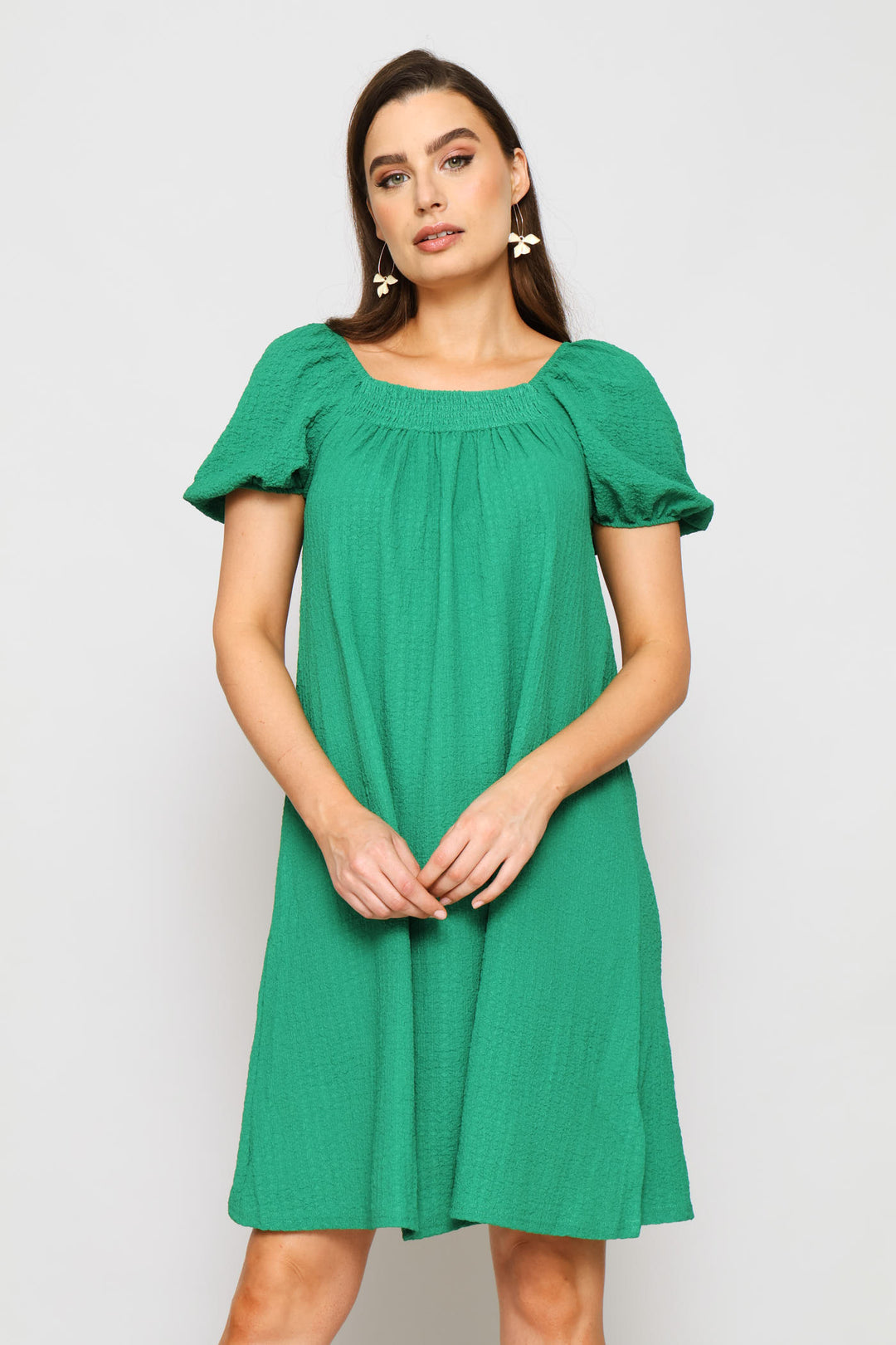 Puff Sleeve Textured Flare Mini Dress - Emerald