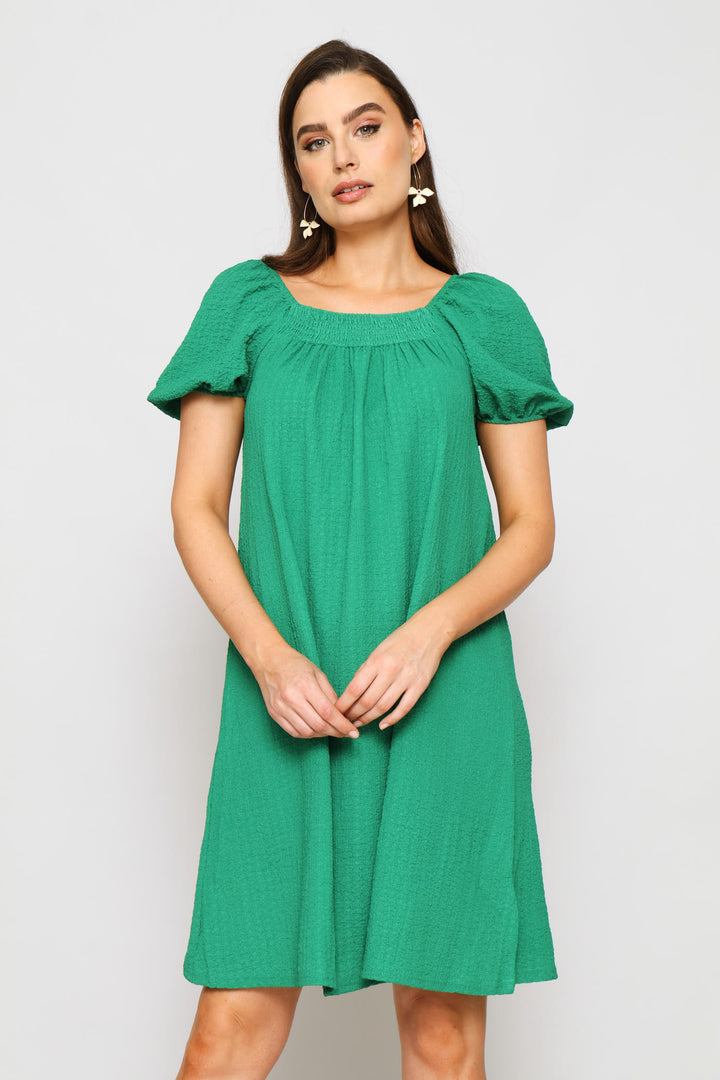 Puff Sleeve Textured Flare Mini Dress - Emerald