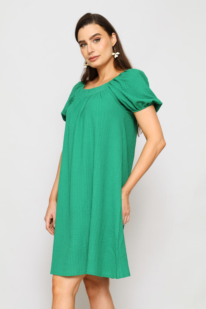 Puff Sleeve Textured Flare Mini Dress - Emerald