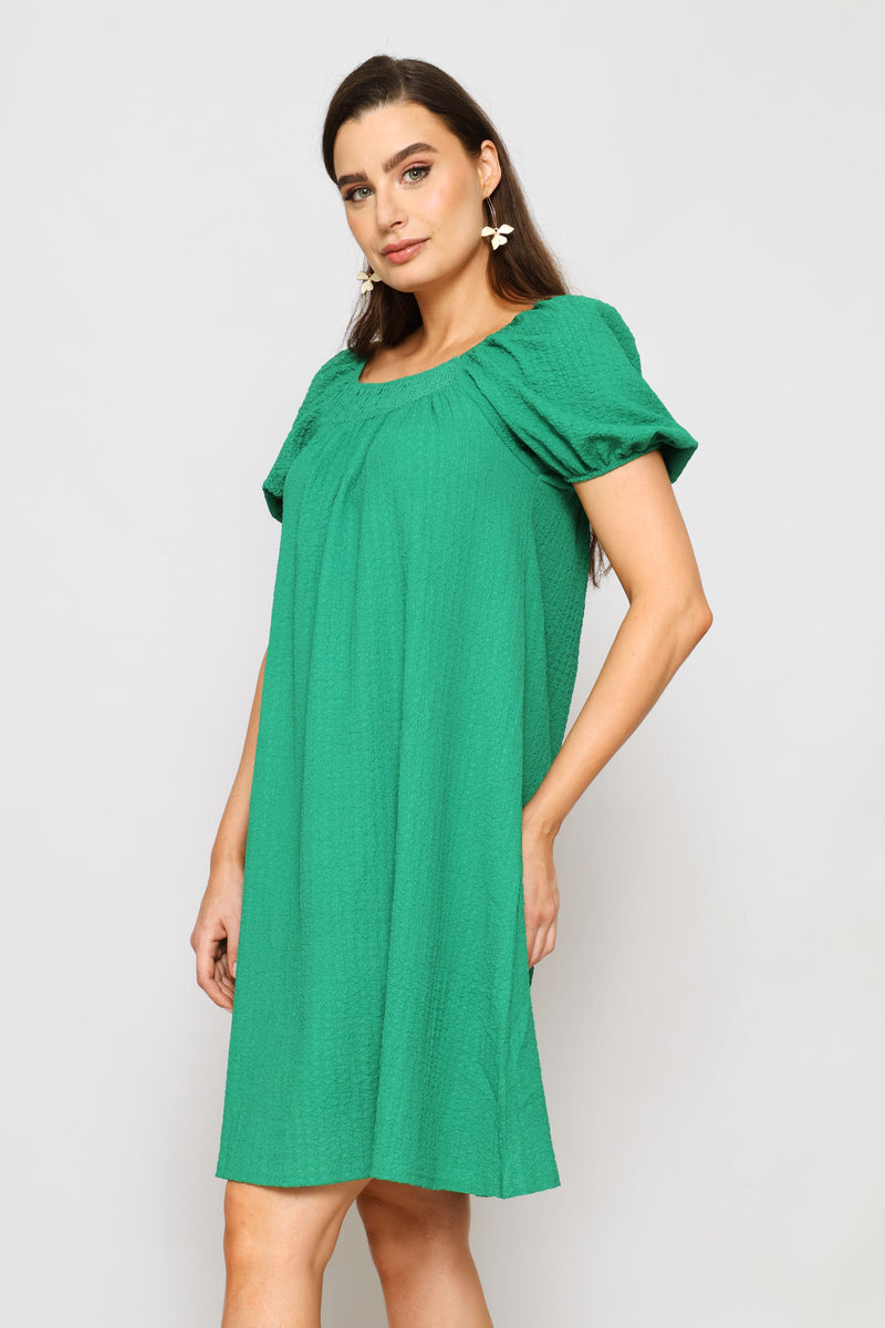 Puff Sleeve Textured Flare Mini Dress - Emerald