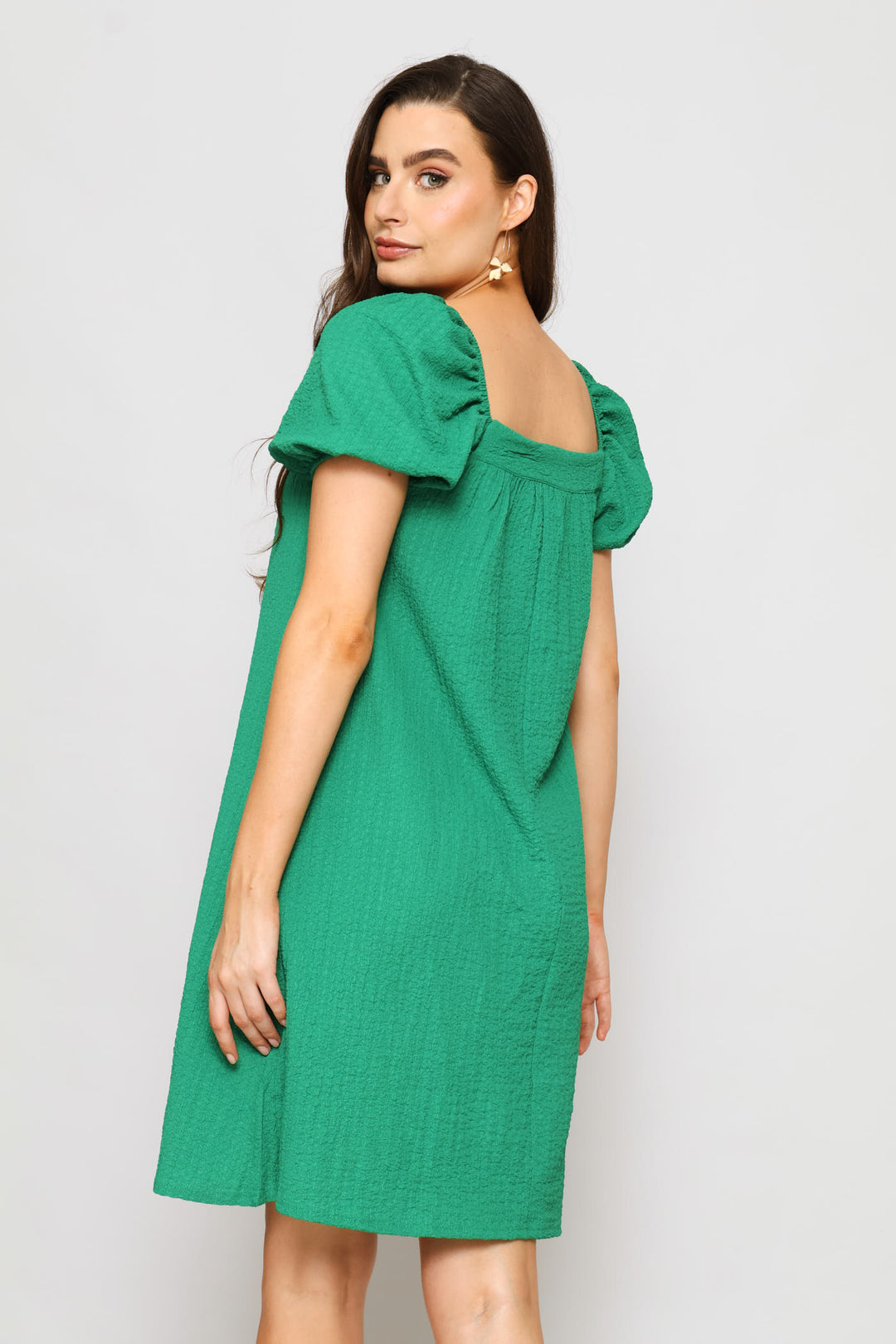 Puff Sleeve Textured Flare Mini Dress - Emerald