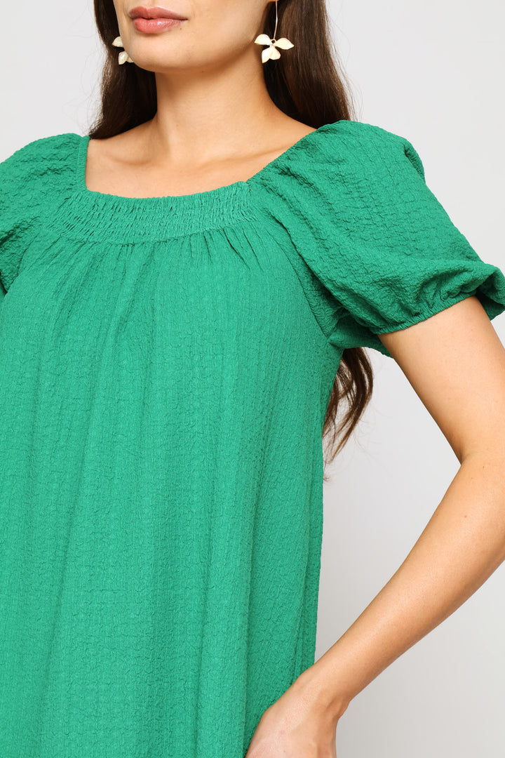 Puff Sleeve Textured Flare Mini Dress - Emerald