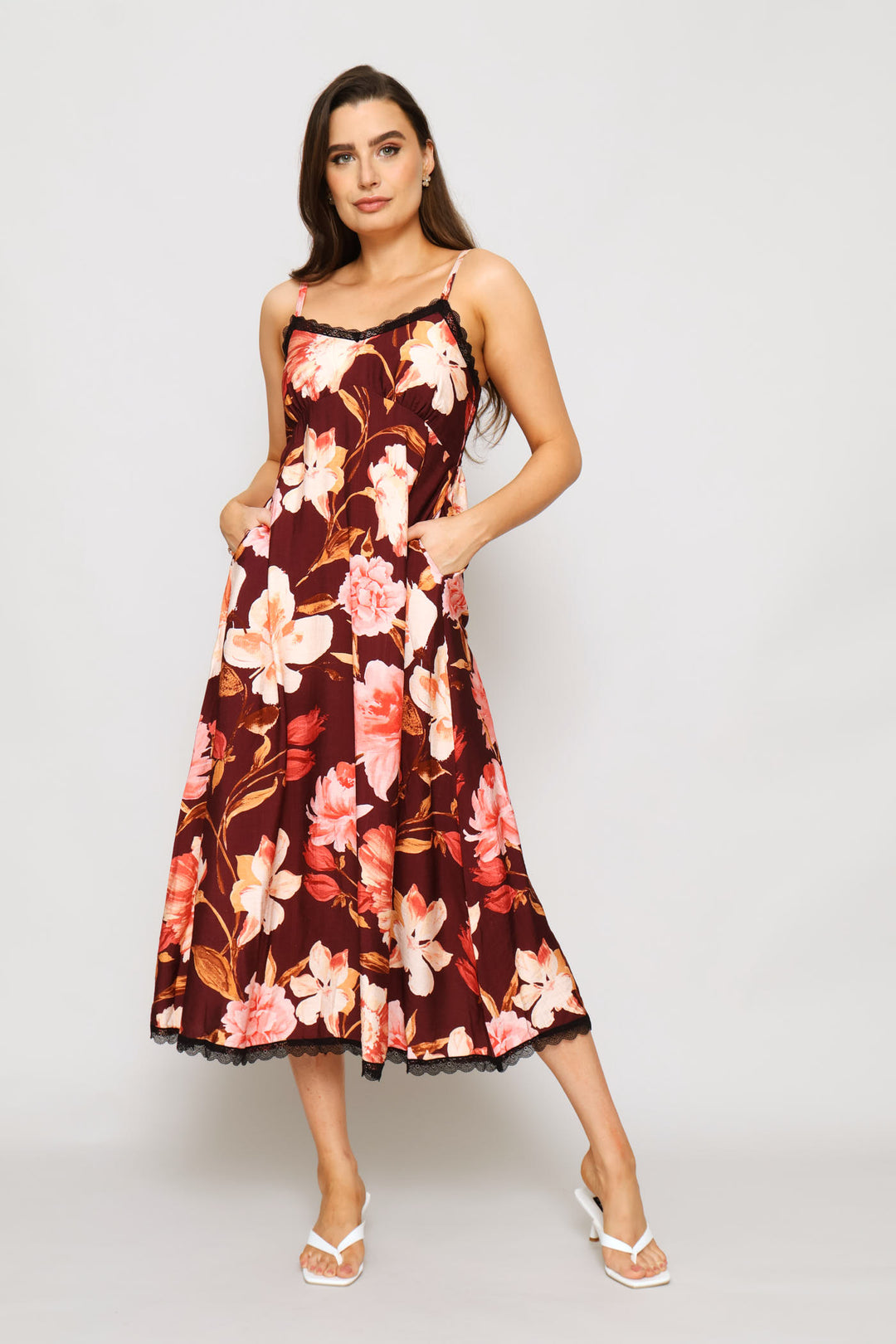 Button Through Maxi Dress - Burgundy