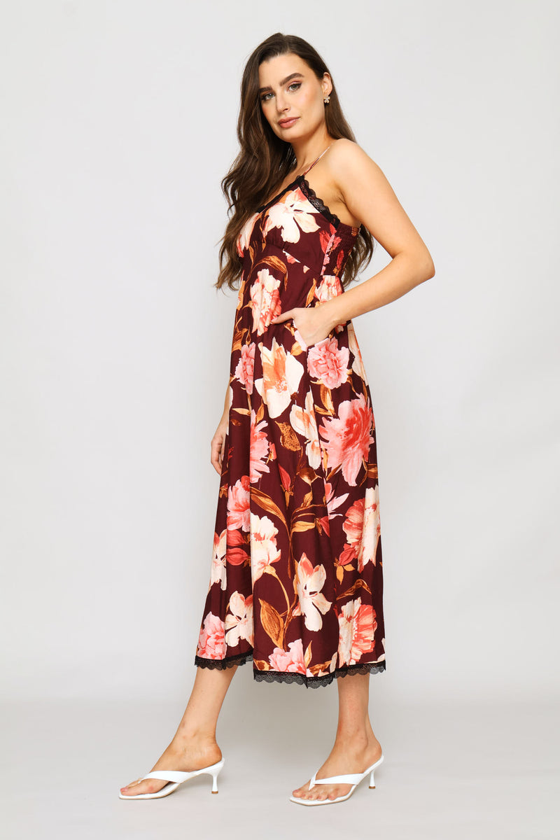 Button Through Maxi Dress - Burgundy