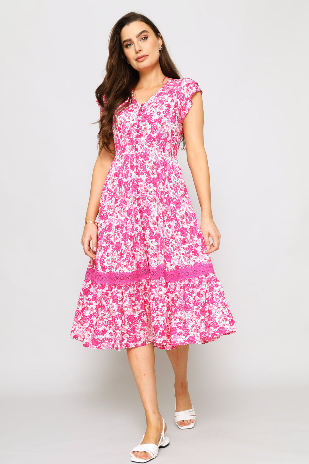 Button Through Dress - Pink