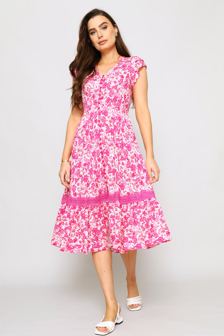 Button Through Dress - Pink