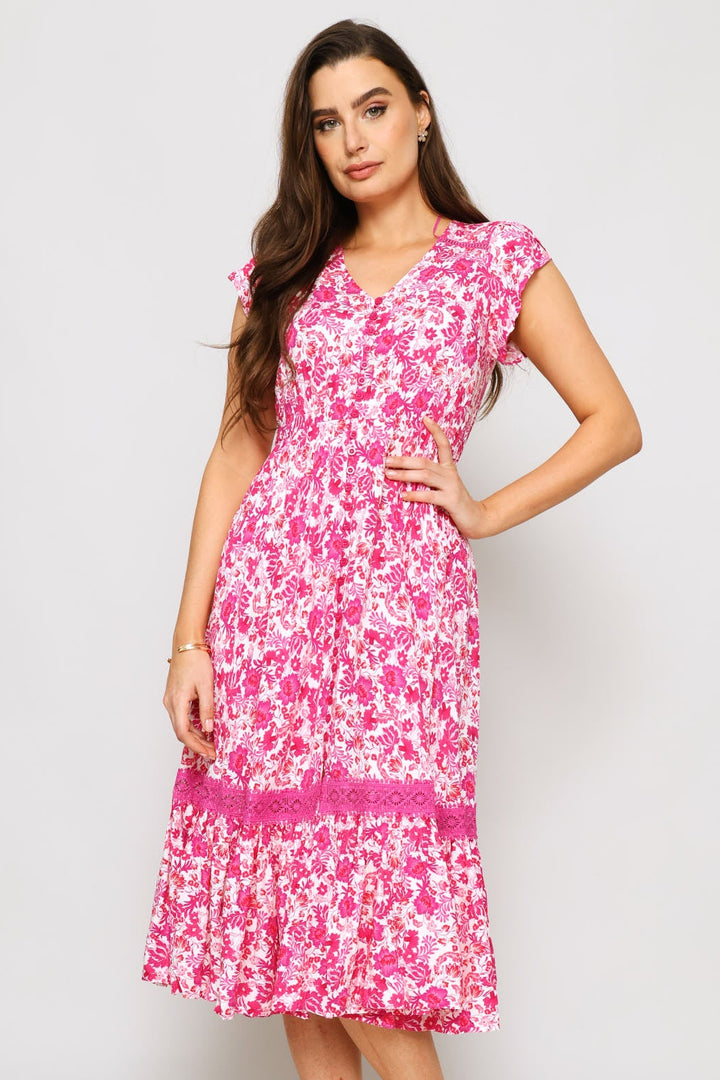 Button Through Dress - Pink
