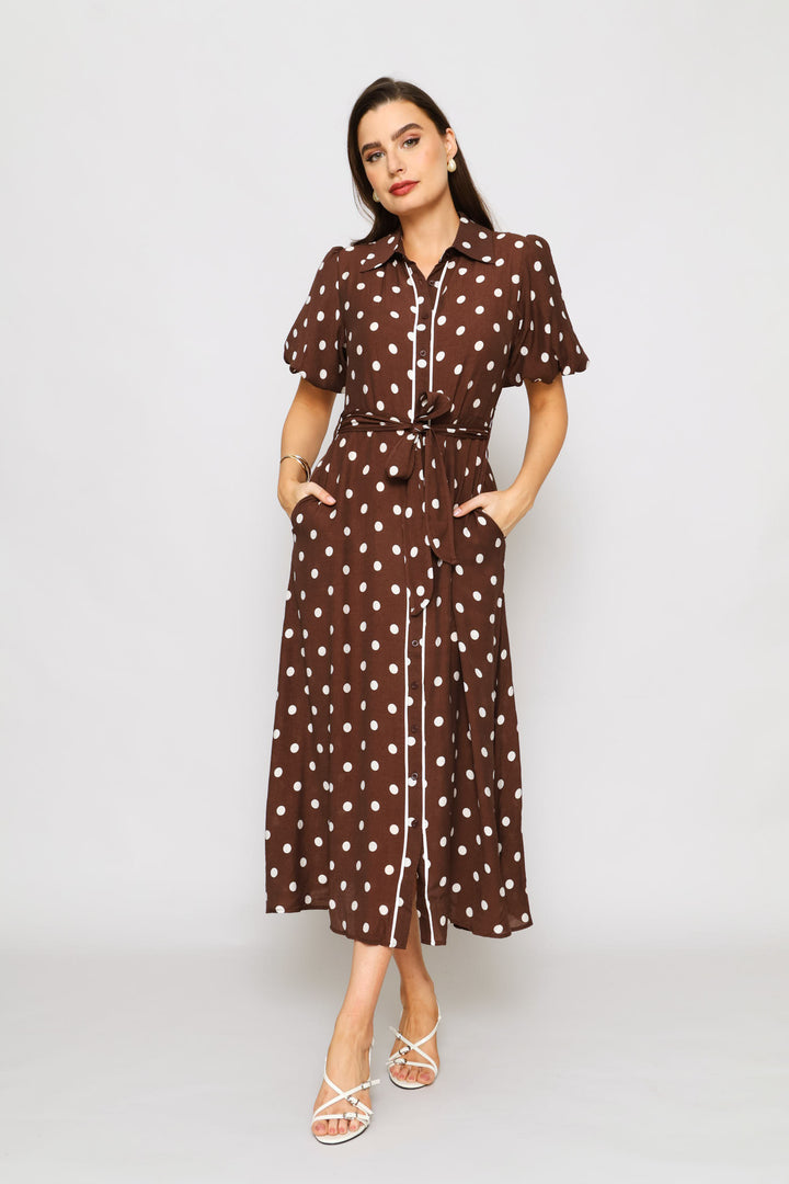 Polka Dot Belted Dress - Brown