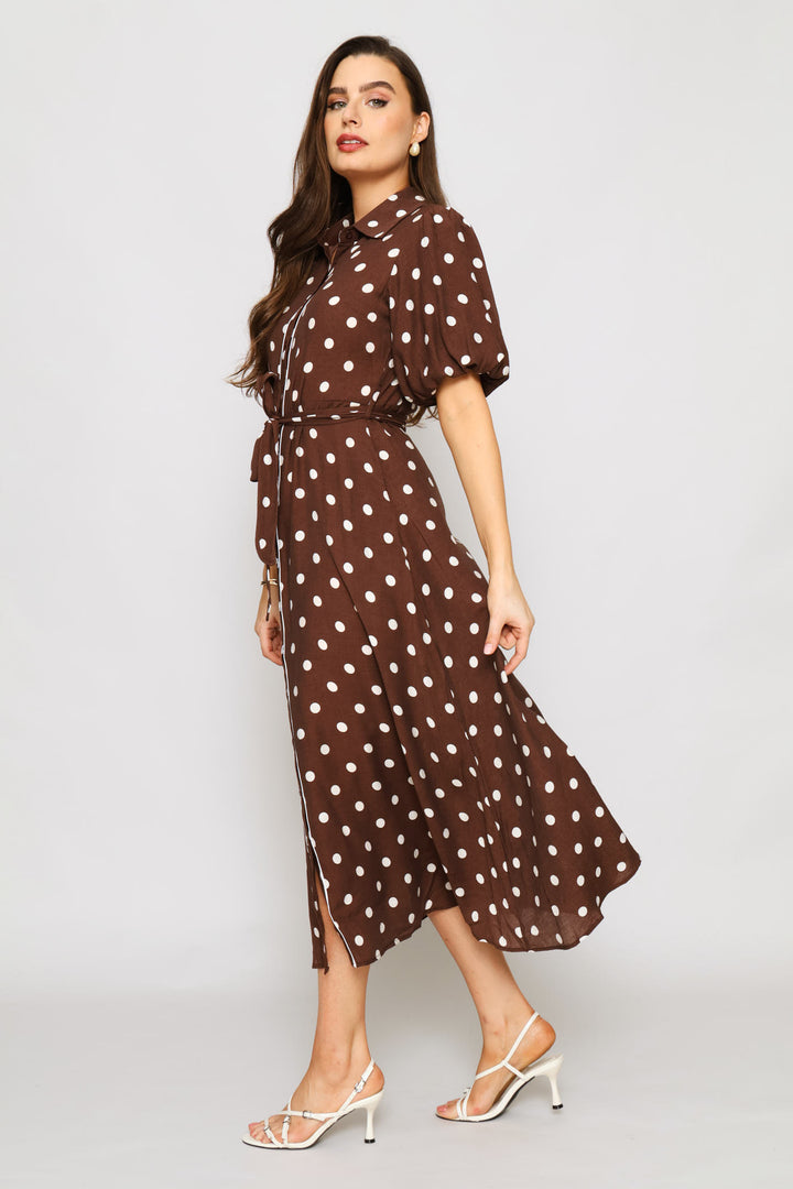 Polka Dot Belted Dress - Brown