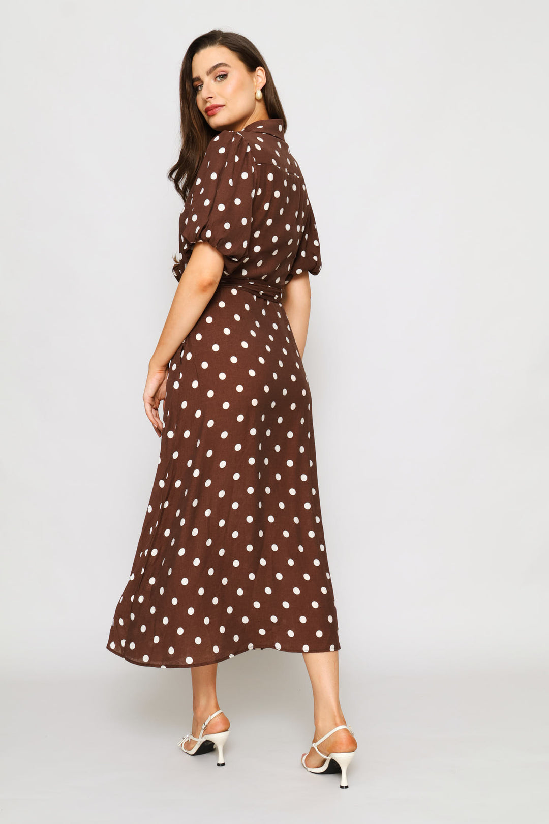 Polka Dot Belted Dress - Brown