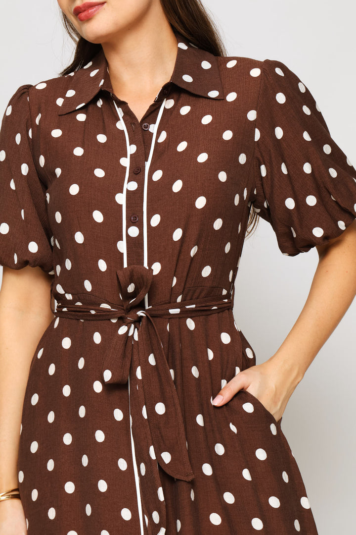 Polka Dot Belted Dress - Brown