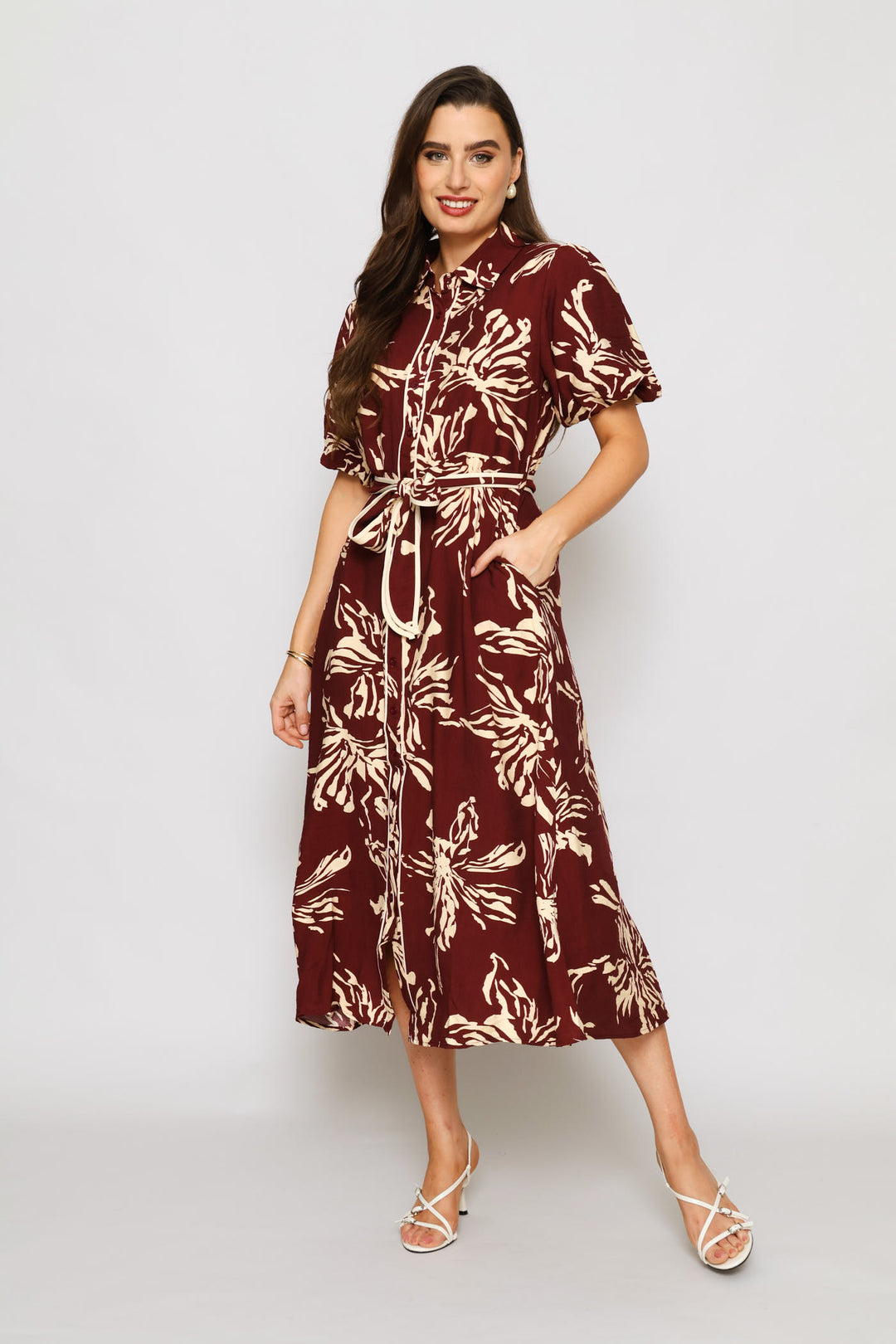 Floral Belted Dress - Burgundy