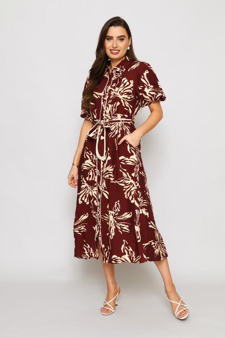 Floral Belted Dress - Burgundy
