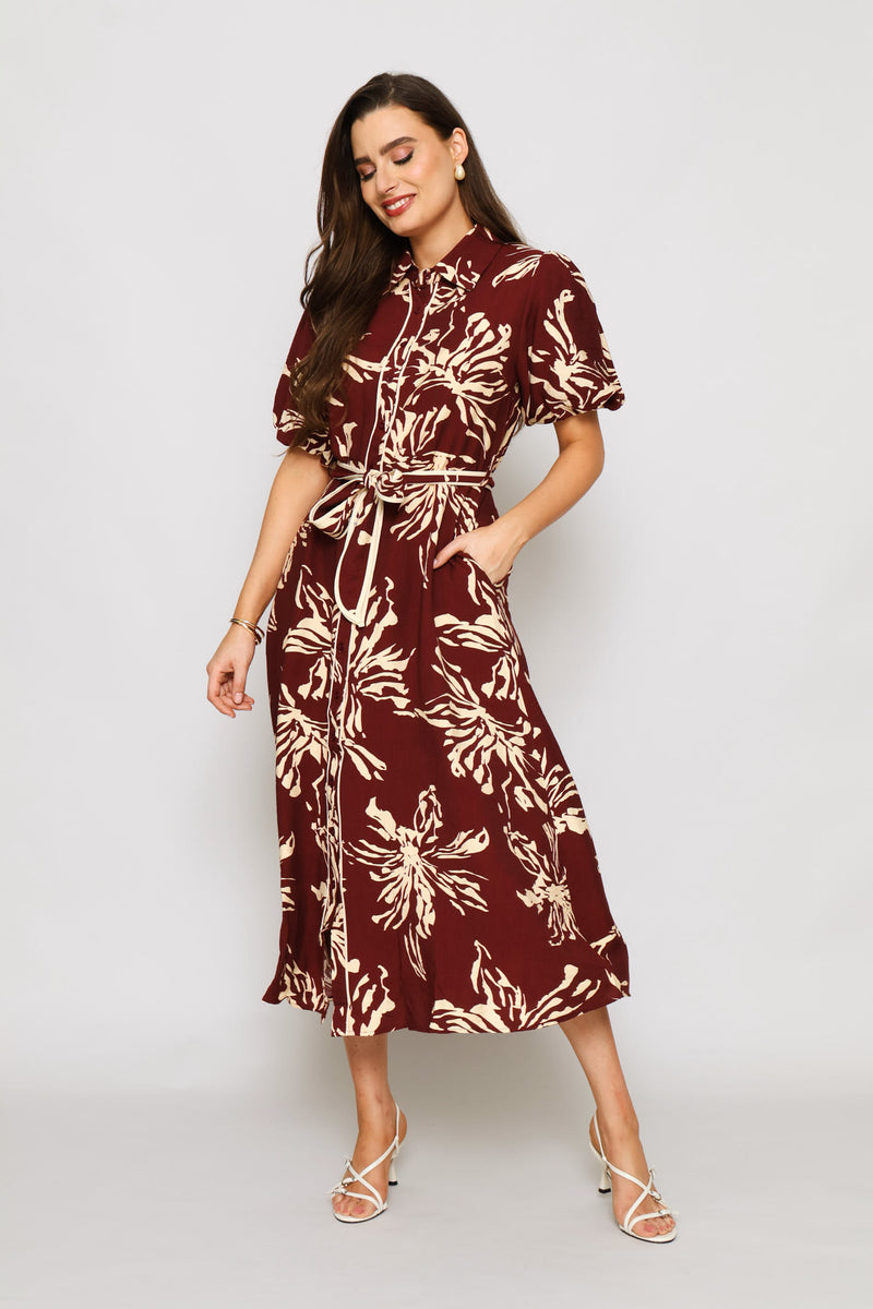 Floral Belted Dress - Burgundy