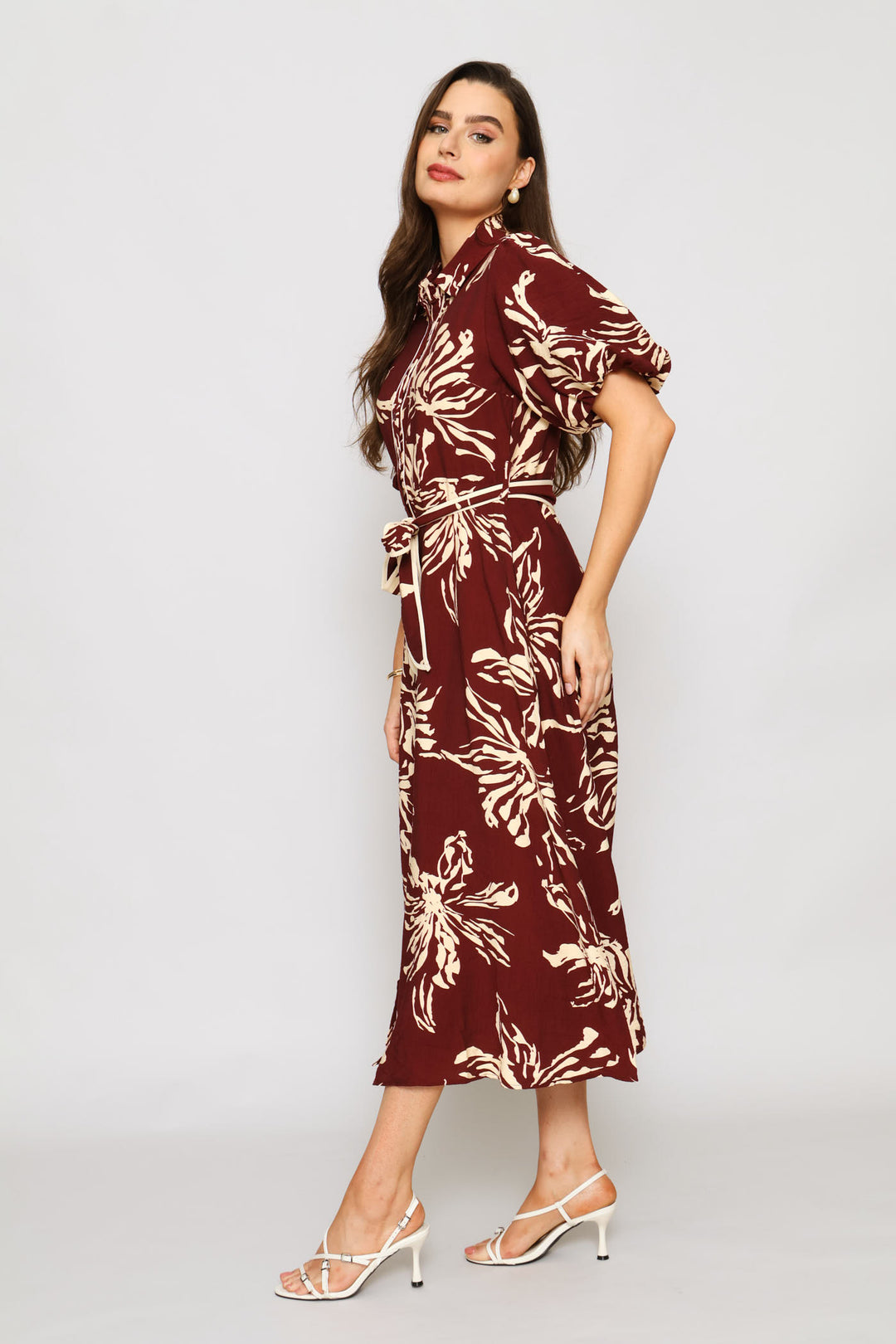 Floral Belted Dress - Burgundy