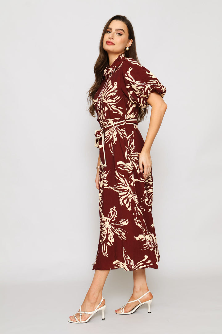 Floral Belted Dress - Burgundy