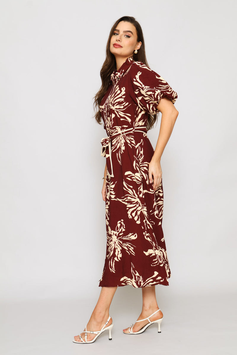 Floral Belted Dress - Burgundy