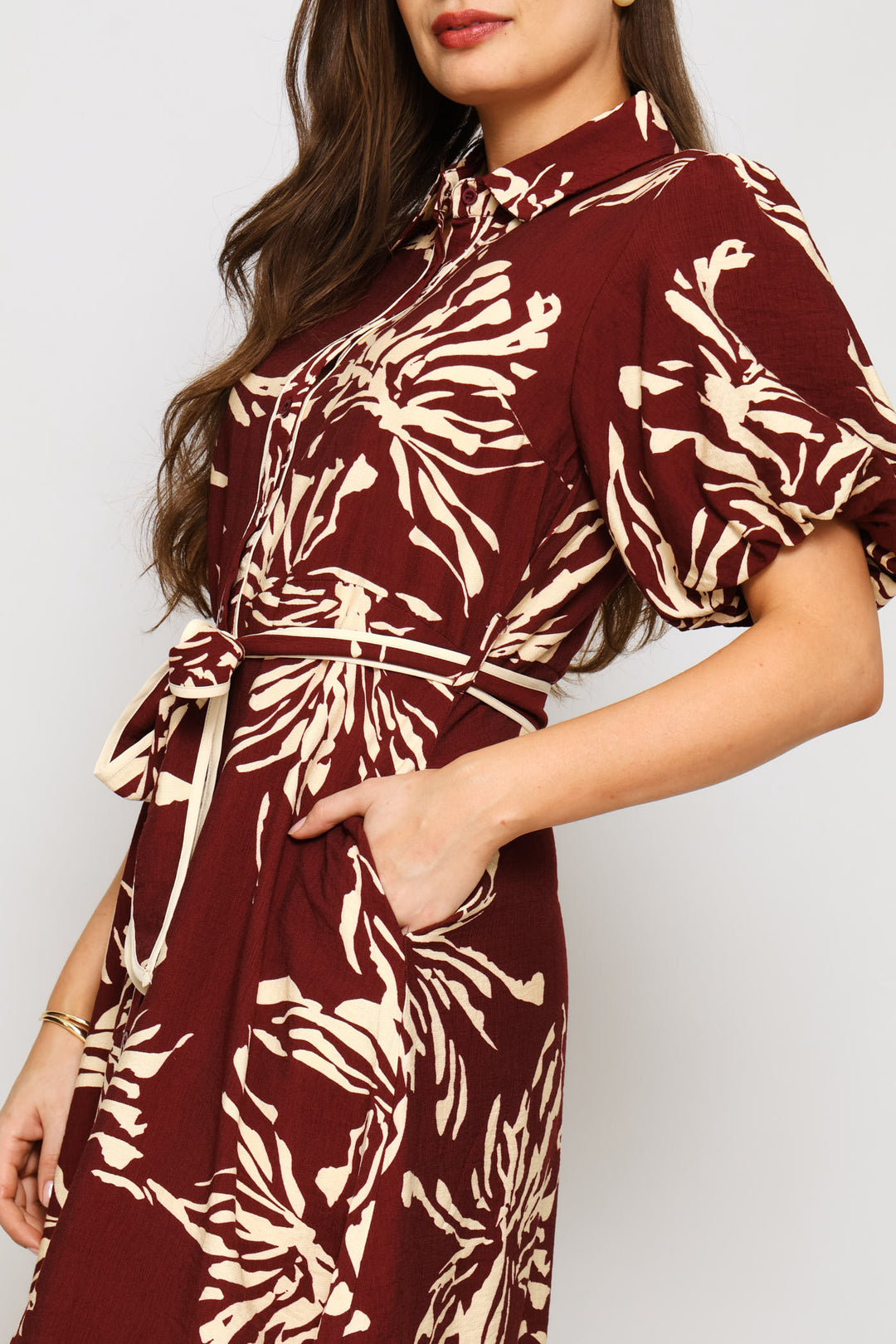 Floral Belted Dress - Burgundy