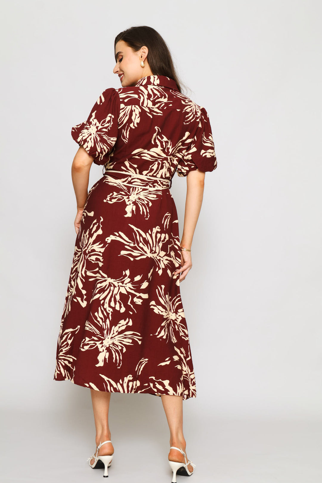 Floral Belted Dress - Burgundy