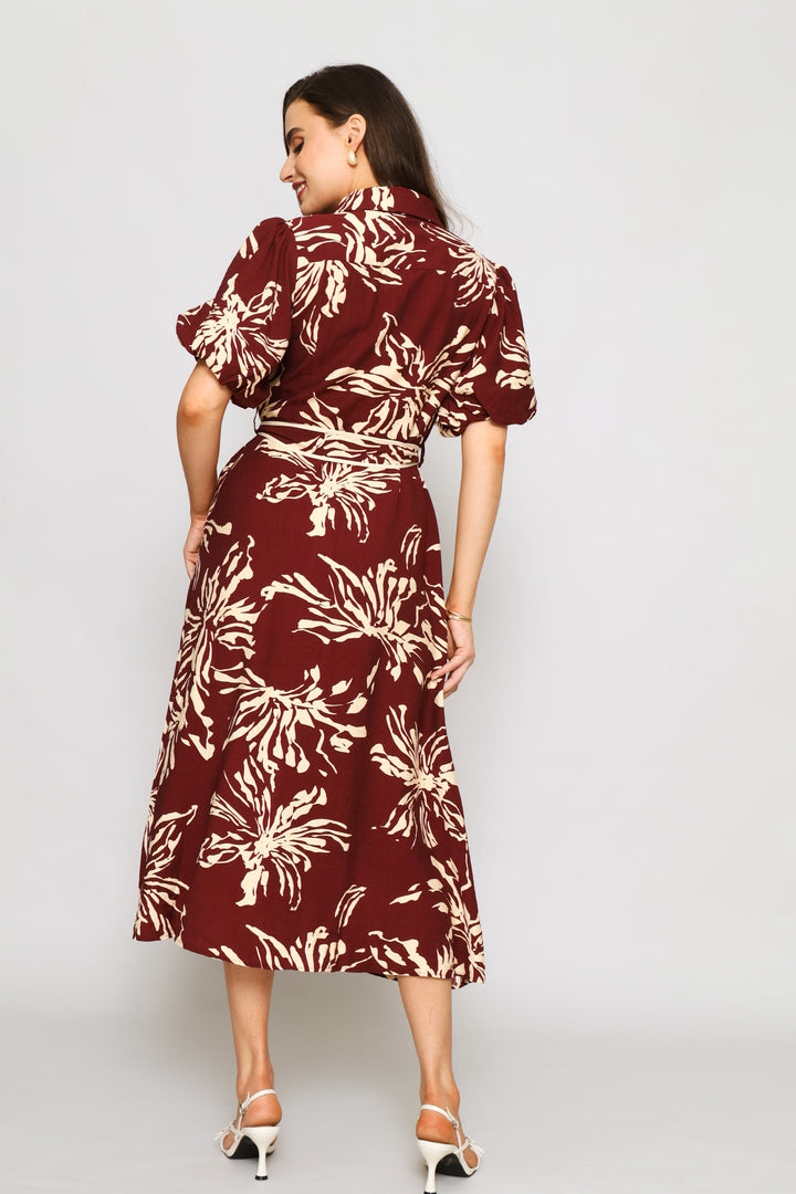 Floral Belted Dress - Burgundy