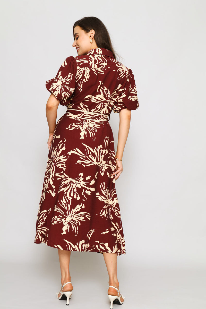 Floral Belted Dress - Burgundy