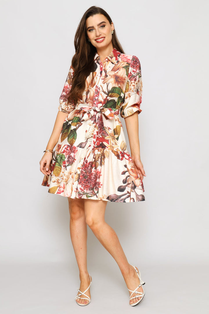 Elbow Sleeve Floral Dress - Cream