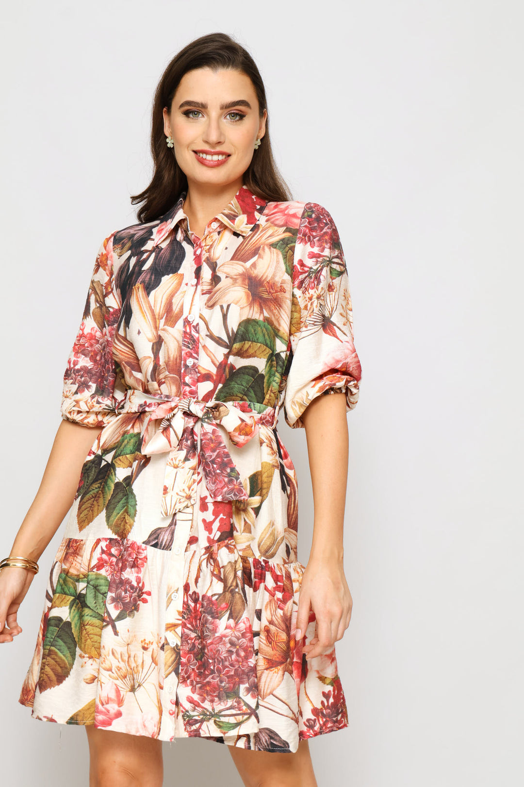 Elbow Sleeve Floral Dress - Cream