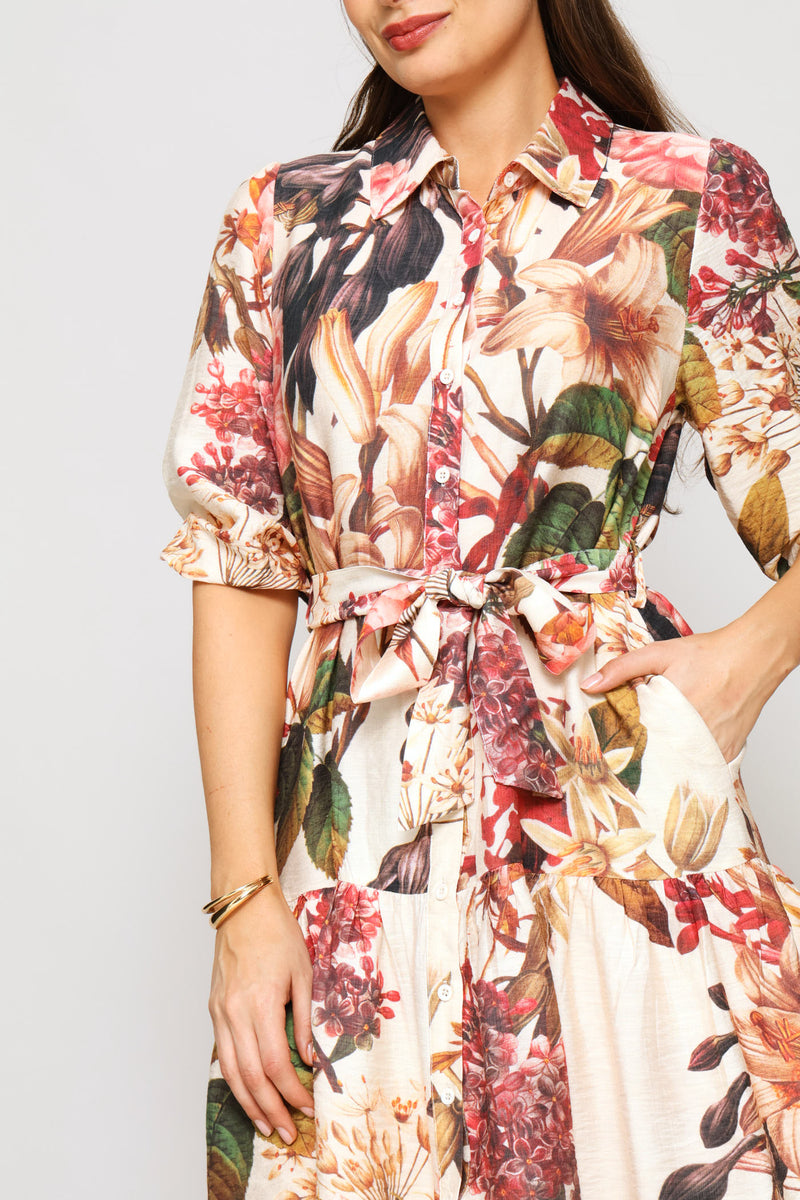 Elbow Sleeve Floral Dress - Cream