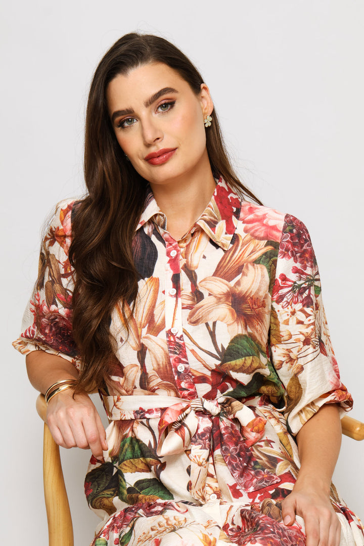 Elbow Sleeve Floral Dress - Cream
