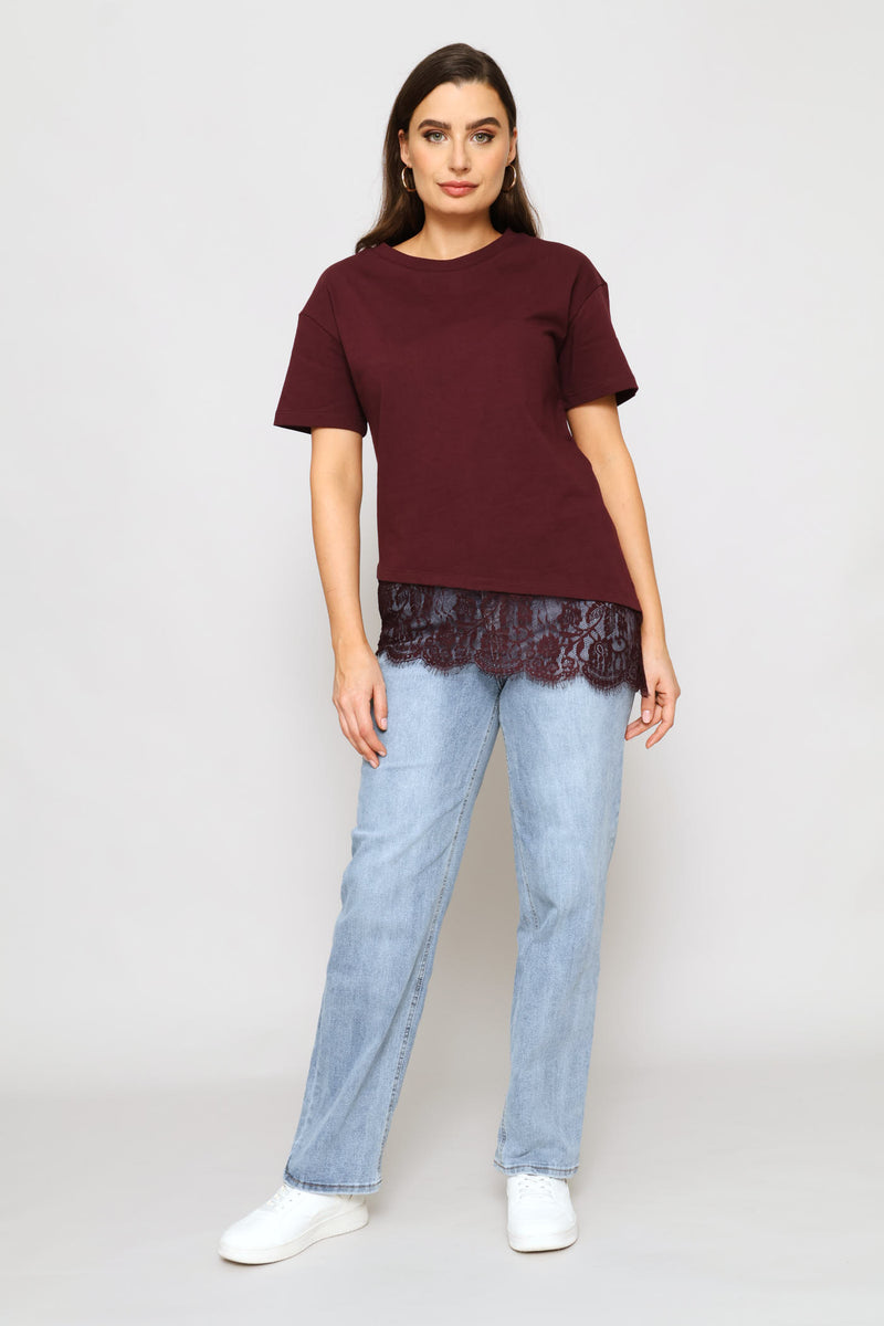 Asymmetric Lace Hem Oversized Tee - Wine