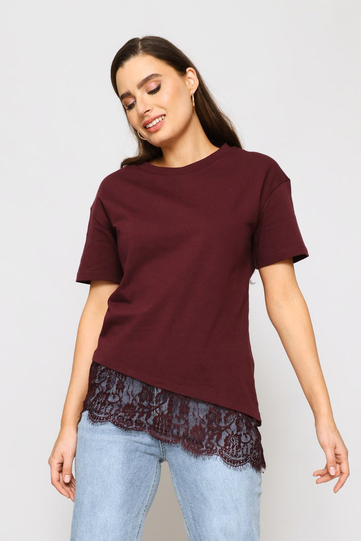 Asymmetric Lace Hem Oversized Tee - Wine