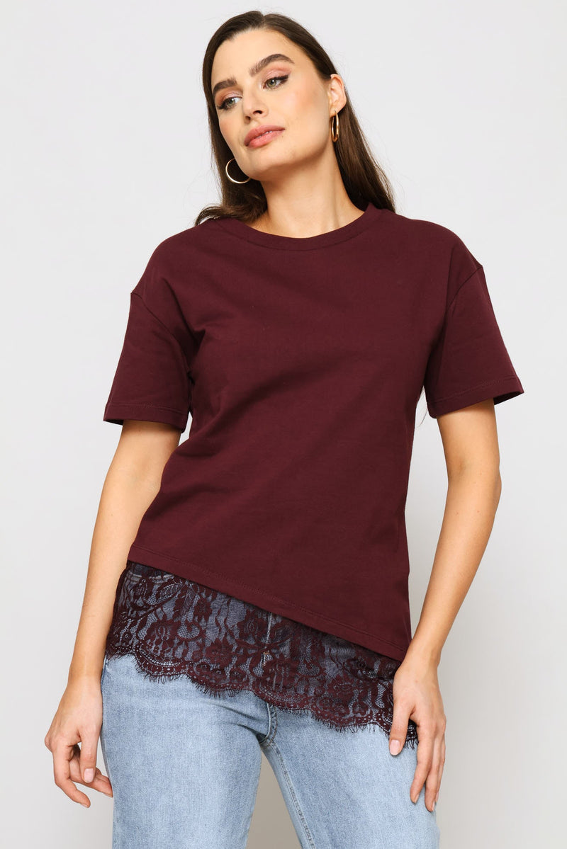 Asymmetric Lace Hem Oversized Tee - Wine