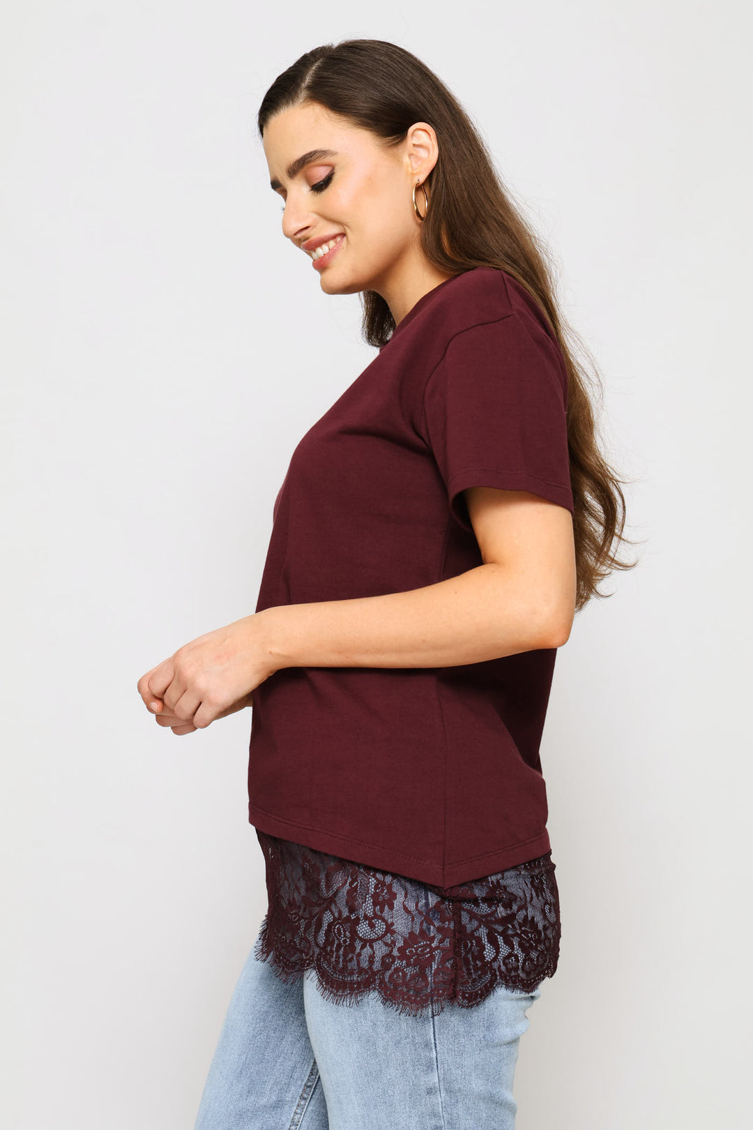 Asymmetric Lace Hem Oversized Tee - Wine