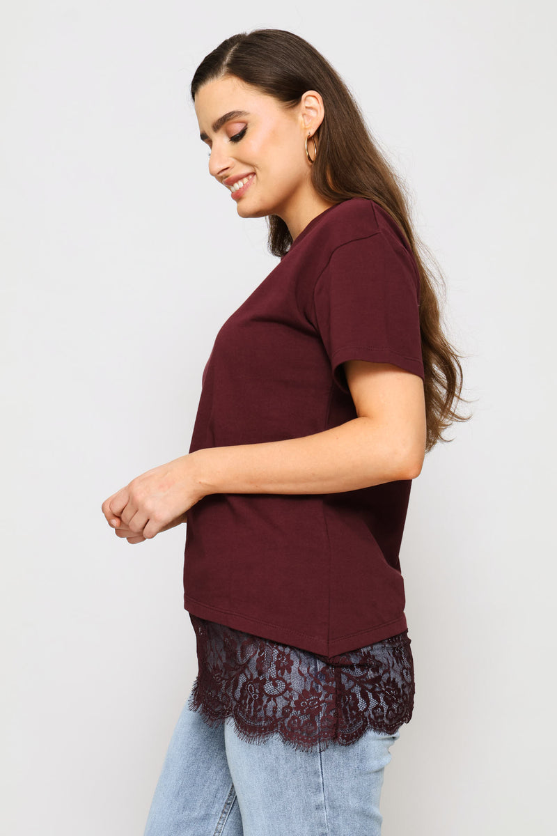 Asymmetric Lace Hem Oversized Tee - Wine