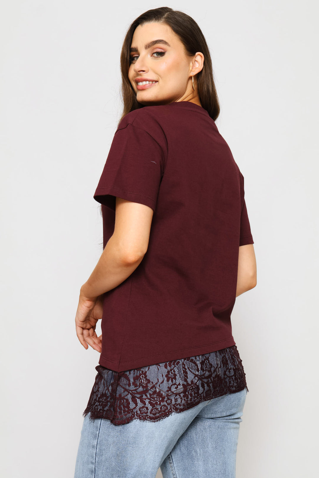 Asymmetric Lace Hem Oversized Tee - Wine