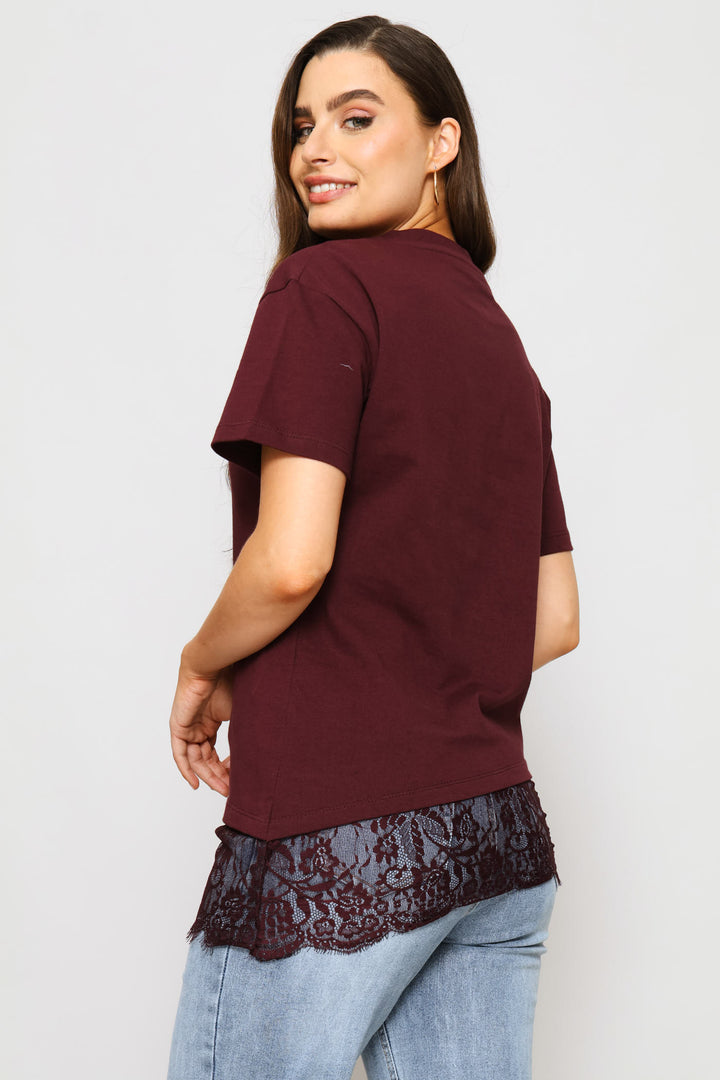 Asymmetric Lace Hem Oversized Tee - Wine