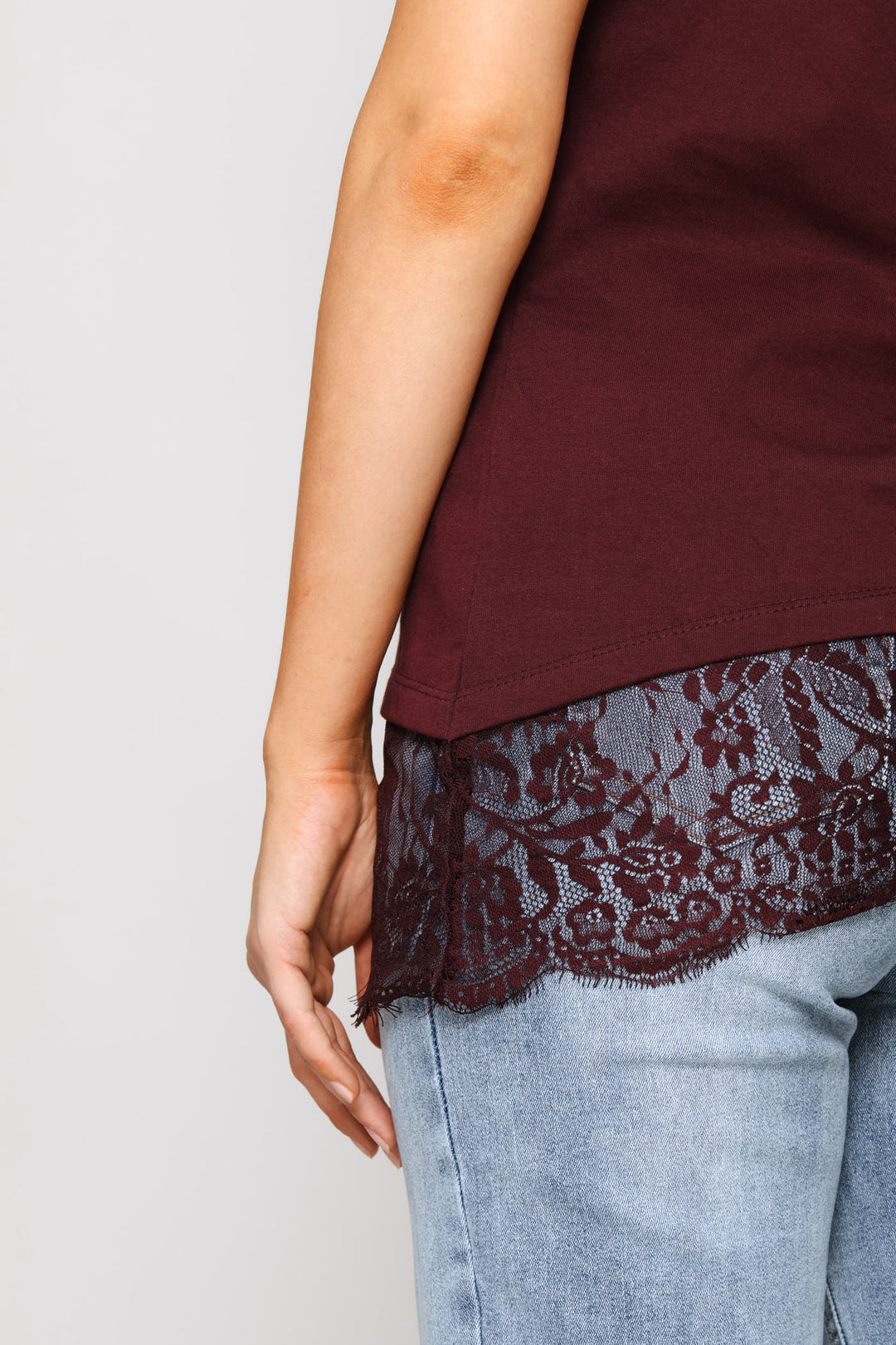 Asymmetric Lace Hem Oversized Tee - Wine