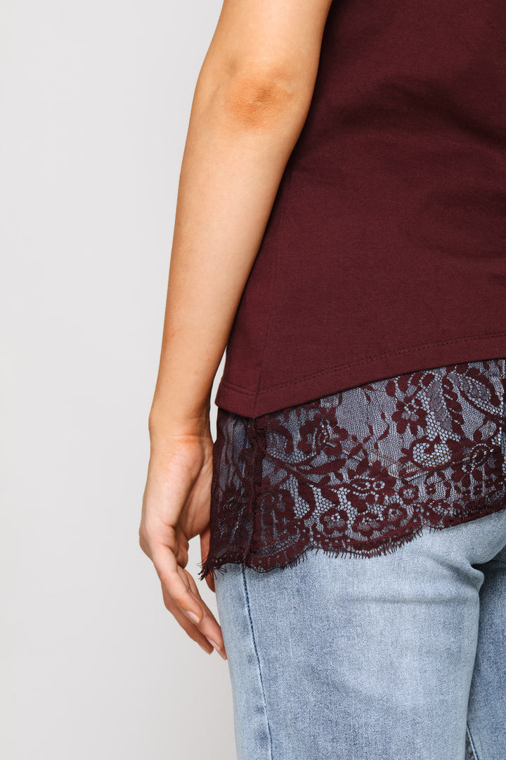 Asymmetric Lace Hem Oversized Tee - Wine