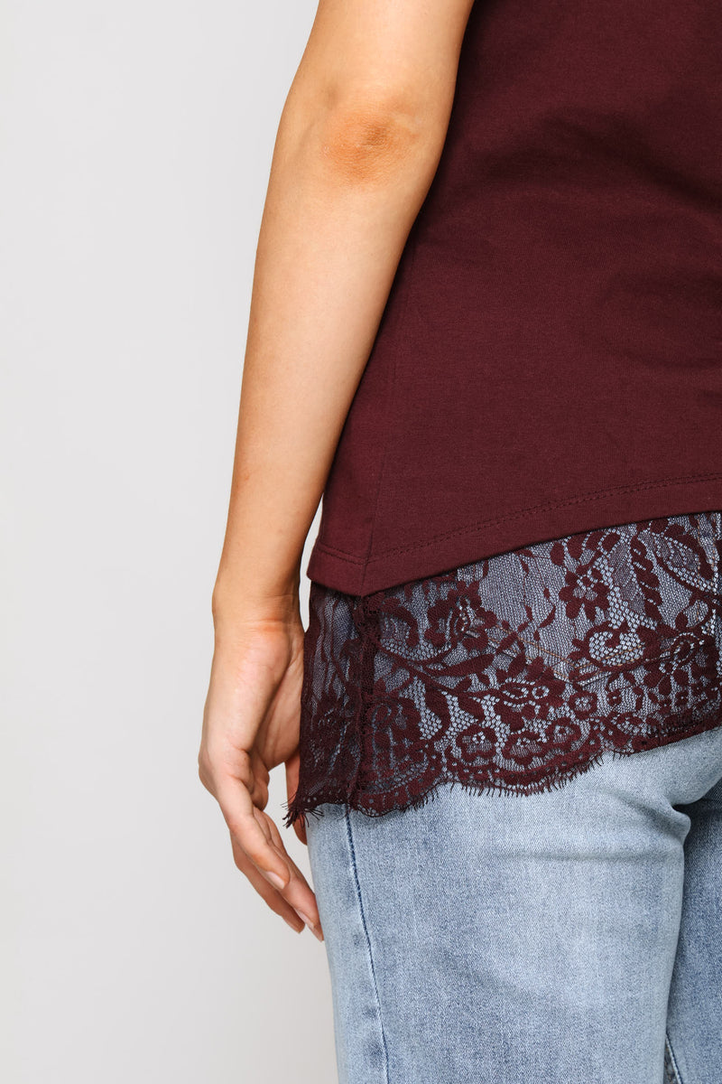Asymmetric Lace Hem Oversized Tee - Wine