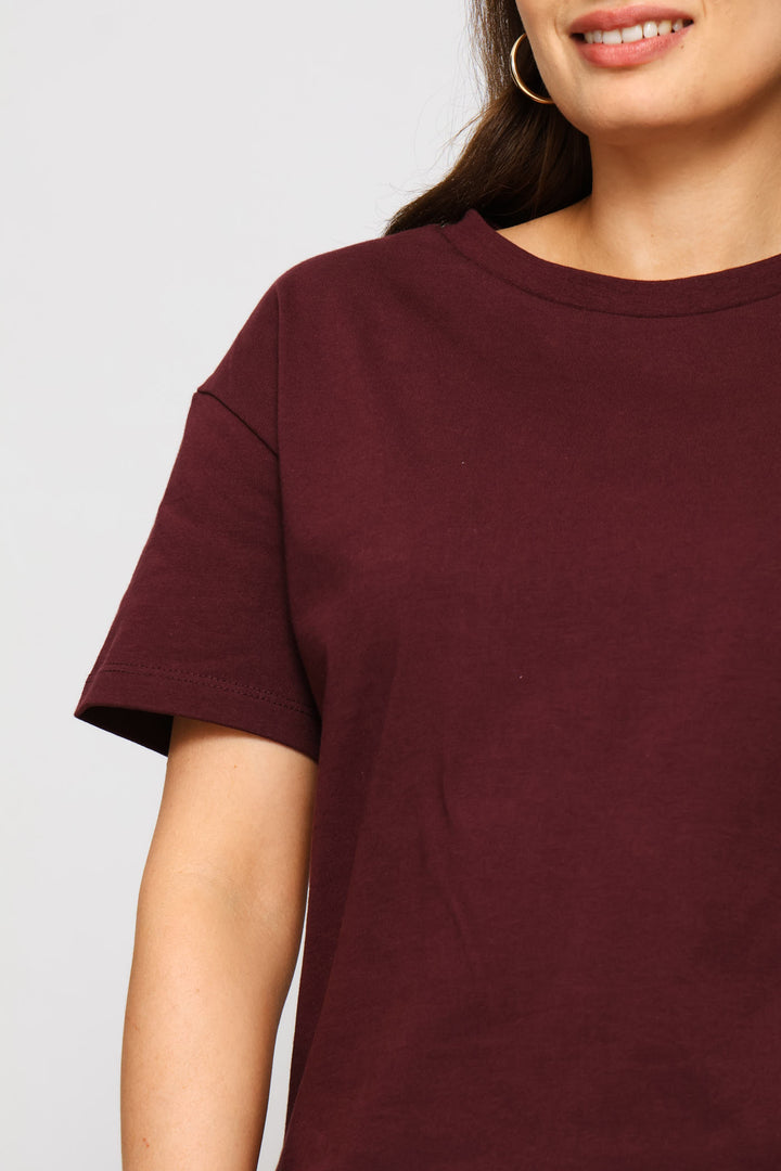 Asymmetric Lace Hem Oversized Tee - Wine