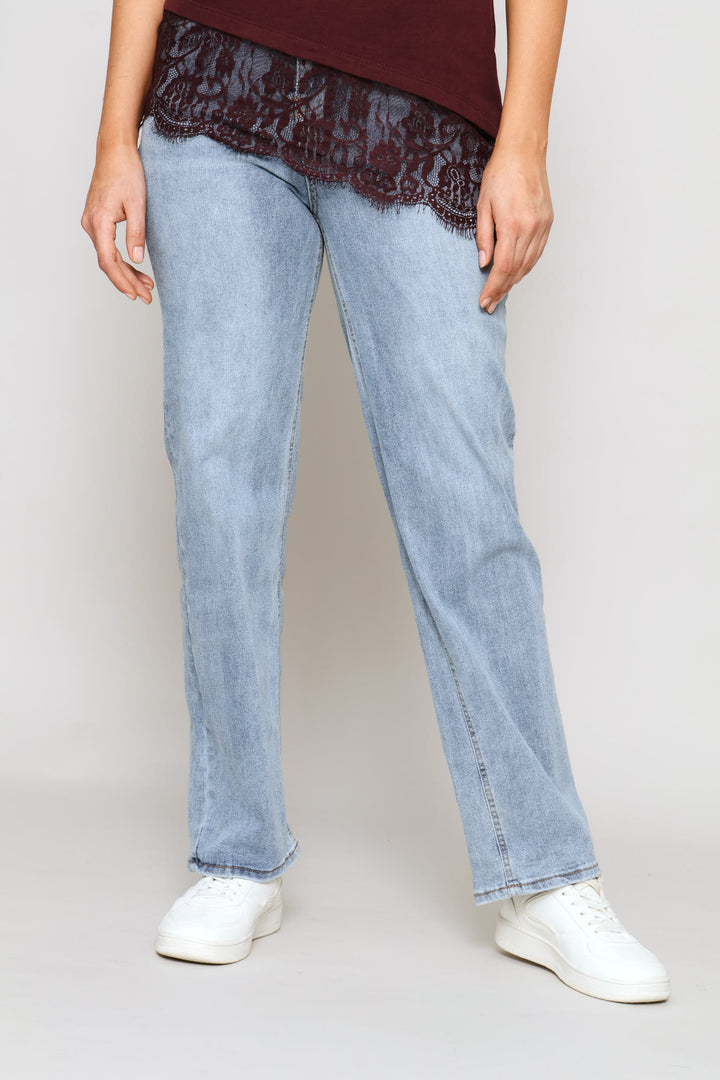 Hi-Rise Distressed Hem Straight Leg Denim - Light Wash
