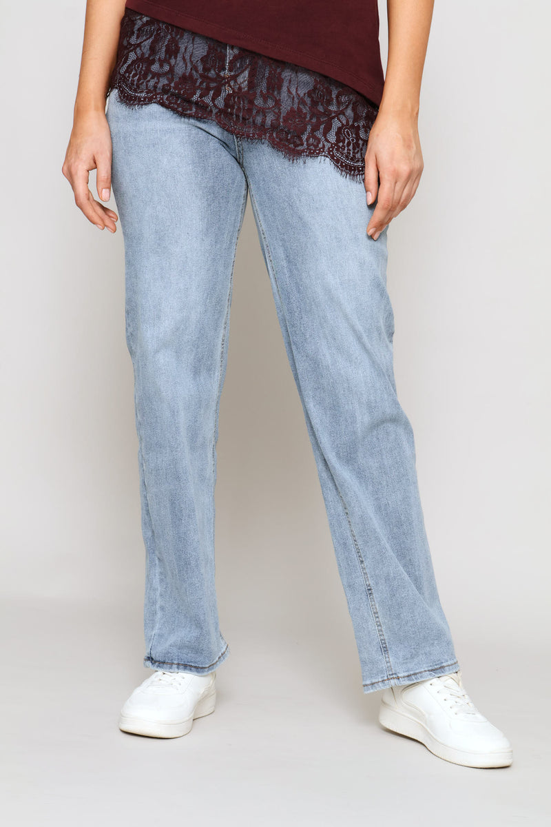 Hi-Rise Distressed Hem Straight Leg Denim - Light Wash