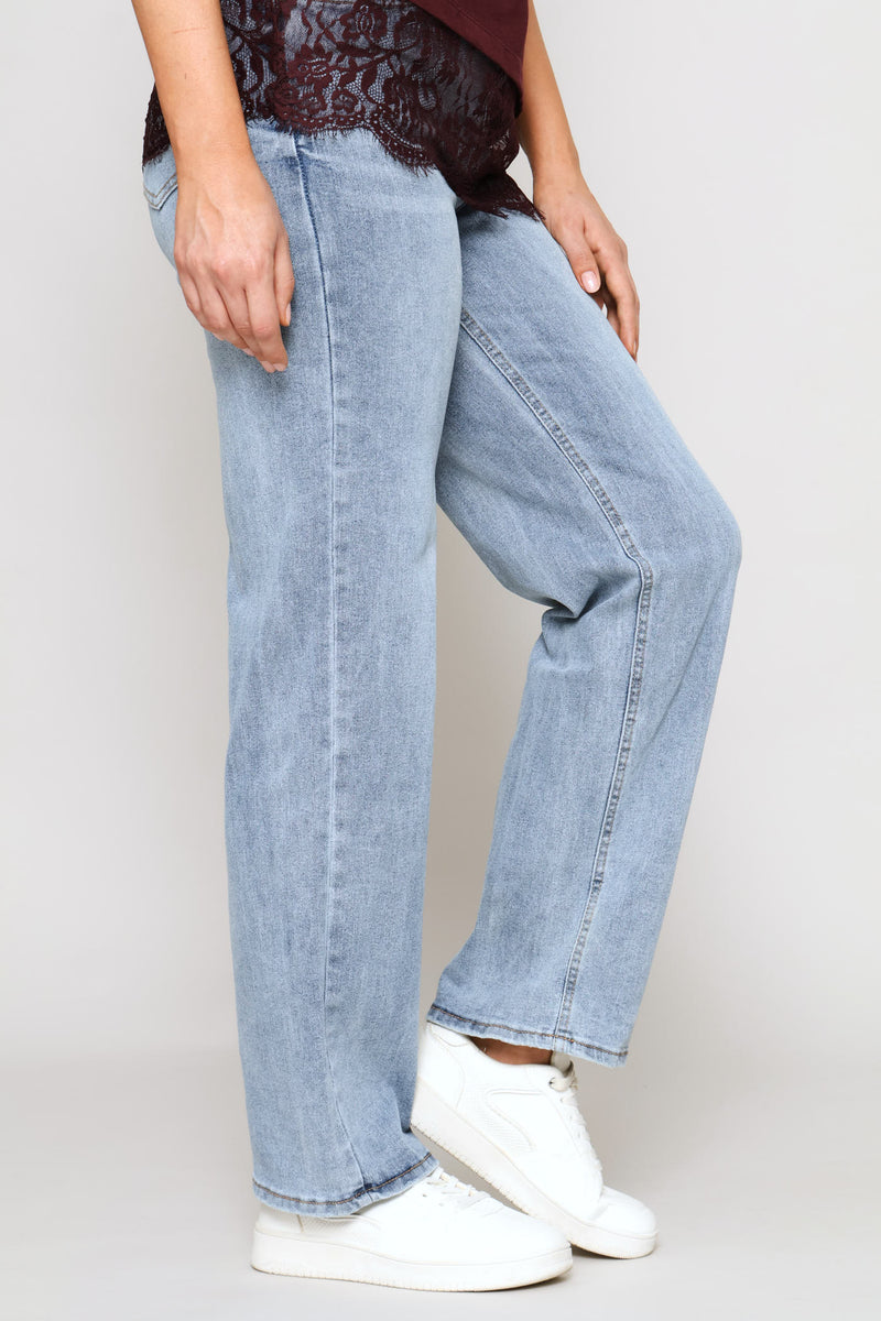 Hi-Rise Distressed Hem Straight Leg Denim - Light Wash